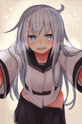 Rule 34 | 1girl, 26, @ @, belt, black thighhighs, blue eyes, blush, commentary request, drunk, hibiki (kancolle), highres, kantai collection, long hair, long sleeves, loose clothes, loose shirt, no panties, open mouth, reitou mikan, school uniform, serafuku, shirt, simple background, skirt, solo, squeans, tags, thighhighs, verniy (kancolle), white hair