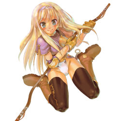Rule 34 | 1girl, archer (ragnarok online), armor, black thighhighs, blonde hair, blouse, blush, boots, bow, bow (weapon), breastplate, breasts, elbow pads, gloves, gold armor, green eyes, hairband, highleg, highleg panties, large breasts, long hair, morii shizuki, panties, ragnarok online, shirt, sitting, solo, thighhighs, underwear, wariza, weapon, white panties