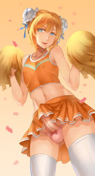 Rule 34 | 1boy, absurdres, acfun, acfun girl, androgynous, blonde hair, blue eyes, blush, bow, bow panties, bulge, bun cover, cheerleader, crossdressing, double bun, erection, erection under clothes, hair bun, highres, looking at viewer, male focus, midriff, open mouth, original, panties, penis, penis in panties, pom pom (cheerleading), short hair, smile, solo, thighhighs, trap, uncensored, underwear, vycma, white thighhighs