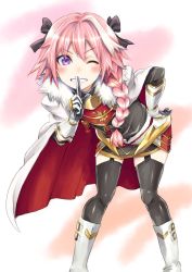 Rule 34 | 1boy, armor, astolfo (fate), bent over, black ribbon, black thighhighs, blush, boots, braid, cape, fate/grand order, fate (series), finger to mouth, fur trim, garter straps, gauntlets, hair between eyes, hair over shoulder, hair ribbon, hand on own hip, highres, index finger raised, long hair, looking at viewer, male focus, one eye closed, ouhashi (yumenosukima), pigeon-toed, pink hair, purple eyes, ribbon, shushing, single braid, smile, solo, thighhighs, tress ribbon, v-shaped eyebrows, white cape, white footwear