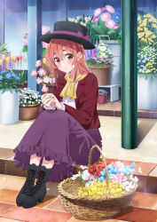 Rule 34 | 1girl, absurdres, artist request, black footwear, black hat, blush, boots, bow, braid, floral background, flower, flower basket, frilled skirt, frilled sleeves, frills, gradient hair, hair between eyes, hat, highres, holding, holding flower, jacket, kanojo okarishimasu, long hair, long skirt, looking at viewer, multicolored hair, official art, on ground, pink hair, purple bow, purple skirt, red eyes, red hair, red jacket, sakurasawa sumi, scarf, shirt, single braid, skirt, solo, thick eyebrows, top hat, white shirt, yellow scarf