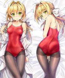 Rule 34 | 1girl, ahoge, ass, between legs, black pantyhose, blush, bow, braid, brand name imitation, breasts, clothes writing, collarbone, commentary request, competition school swimsuit, competition swimsuit, cowboy shot, crown braid, dakimakura (medium), dress, earrings, embarrassed, fate/grand order, fate (series), flower, from above, from behind, hair intakes, hairband, hand between legs, highres, jewelry, koyuki (kotatsu358), long hair, looking at viewer, looking back, lying, messy hair, multiple views, nero claudius (fate), nero claudius (fate) (all), nero claudius (swimsuit caster) (fate), nero claudius (swimsuit caster) (third ascension) (fate), nose blush, on back, on stomach, one-piece swimsuit, open mouth, pantyhose, pantyhose under swimsuit, puffy sleeves, raised eyebrows, red one-piece swimsuit, rose, school swimsuit, small breasts, strapless, strapless dress, sweat, swimsuit, thigh gap, undressing, wavy mouth, white bow, white flower, white rose