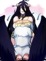 Rule 34 | 1girl, ahoge, albedo (overlord), bare shoulders, barefoot, black hair, black wings, breasts, cleavage, curvy, demon girl, detached collar, elbow gloves, feet, female focus, folded wings, gloves, hair between eyes, hip vent, horns, knees to chest, large breasts, light smile, long hair, looking at viewer, nail polish, overlord (maruyama), scathegrapes, sitting, solo, spider web print, toenail polish, toenails, toes, very long hair, white background, white gloves, wings, yellow eyes