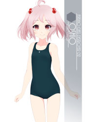 Rule 34 | 1girl, ahoge, artist name, blue one-piece swimsuit, character name, collarbone, cowboy shot, artistic error, eyes visible through hair, flat chest, hair bobbles, hair ornament, highres, inaba shiki, kantai collection, looking at viewer, new school swimsuit, one-piece swimsuit, pink eyes, pink hair, sazanami (kancolle), school swimsuit, short hair, simple background, smile, solo, standing, swimsuit, twintails, white background