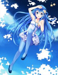 Rule 34 | 1girl, bare shoulders, blue eyes, blue hair, blue pantyhose, cocoa project, hair ornament, hatsune miku, long hair, looking at viewer, matching hair/eyes, pantyhose, puzzle, shoes, smile, solo, thighhighs, very long hair, vocaloid, zettai ryouiki