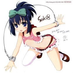 Rule 34 | 1girl, :d, ass, black hair, bow, butt crack, cuffs, flat chest, hair bow, hip vent, kobayashi ritz, kunihiro hajime, navel, no panties, official art, open mouth, ponytail, revealing clothes, saki (manga), shoes, single thighhigh, smile, solo, thighhighs