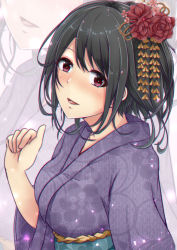 Rule 34 | 1girl, aga marino, alternate hairstyle, belt, blush, breasts, flower, fusou (kancolle), hair between eyes, hair flower, hair ornament, japanese clothes, kantai collection, kanzashi, large breasts, long hair, long sleeves, looking at viewer, open mouth, red eyes, smile, solo