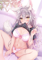Rule 34 | 1girl, animal ears, blush, bra, breasts, clothes lift, fox ears, fox girl, fox shadow puppet, grey hair, highres, indoors, large breasts, lifting own clothes, long hair, looking at viewer, mouth hold, navel, original, panties, pink bra, pink panties, shirt lift, smile, solo, spread legs, tail, tateha (marvelous grace), underwear, yellow eyes