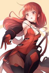 Rule 34 | 1girl, bare shoulders, black gloves, black pantyhose, breasts, bright pupils, character check, cleavage, crimson avenger (elsword), detached sleeves, elbow gloves, elesis (elsword), elsword, from below, gloves, long hair, looking at viewer, low-tied long hair, medium breasts, open mouth, pantyhose, red eyes, red hair, red thighhighs, solo, sword, thighhighs, waero, weapon, white pupils