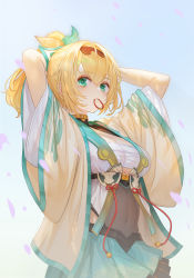Rule 34 | 1girl, alternate breast size, arms behind head, arms up, bad id, bad pixiv id, bandages, black hairband, black skirt, blonde hair, blue skirt, blue sky, breasts, cleavage, commentary request, covered navel, cowboy shot, day, green eyes, hair tie, hairband, highres, hololive, june 5, kazama iroha, large breasts, layered skirt, long hair, long sleeves, looking at viewer, miniskirt, mouth hold, open clothes, outdoors, petals, ponytail, sarashi, skirt, sky, solo, tying hair, underbust, virtual youtuber, wide sleeves
