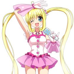 Rule 34 | 00s, 1girl, blonde hair, blue eyes, gloves, idol, jewelry, long hair, mermaid melody pichi pichi pitch, microphone, miru, nanami lucia, necklace, one eye closed, solo, twintails, wink