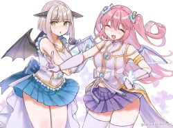 Rule 34 | 2girls, :d, absurdres, angelic buster, artist name, bad id, bad pixiv id, black wings, blue skirt, blush, bob cut, breasts, bug, butterfly, closed eyes, edea (maplestory), gloves, green eyes, grey hair, hair between eyes, hand on own hip, highres, horns, hufy, insect, korean commentary, large breasts, long hair, maplestory, medium breasts, miniskirt, multiple girls, open mouth, pink hair, pleated skirt, purple gloves, purple skirt, short hair, simple background, skirt, sleeveless, smile, sweat, thighhighs, two side up, v, white background, wings