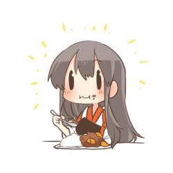 Rule 34 | 10s, 1girl, akagi (kancolle), blush, brown hair, chibi, curry, curry rice, eating, food, food on face, kantai collection, long hair, lowres, plate, rebecca (keinelove), rice, solid oval eyes, solo, spoon