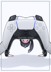 Rule 34 | 1girl, all fours, artist name, ass, black hair, blue eyes, border, butter sugoi, censored, commentary, dualsense, english commentary, eyebrows, game console, hands on floor, highres, long sleeves, looking at viewer, novelty censor, original, playstation 5, playstation controller, pouch, side ponytail, simple background, solo, white background