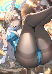 Rule 34 | 1girl, absurdres, animal ears, aosaki yukina, asuna (blue archive), asuna (bunny) (blue archive), black pantyhose, blue archive, blue bow, blue bowtie, blue eyes, blue halo, blue leotard, blurry, blurry background, bow, bowtie, breasts, fake animal ears, feet out of frame, gloves, hair over one eye, halo, highres, large breasts, legs, legs up, leotard, long hair, pantyhose, playboy bunny, rabbit ears, smile, solo, thighs, white gloves