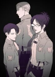 Rule 34 | 1other, 2boys, belt, commentary request, erwin smith, frown, glasses, greyscale, hange zoe, height difference, highres, jacket, levi (shingeki no kyojin), monochrome, multiple boys, opaque glasses, partially opaque glasses, sepia, serious, shingeki no kyojin, short ponytail, skirt, survey corps (emblem), suspender skirt, suspenders, yonchi