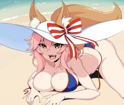 Rule 34 | 1girl, animal ear fluff, animal ears, arm support, bikini, blue bikini, bow, breasts, cleavage, fate/grand order, fate (series), fox ears, fox tail, hair between eyes, hat, large breasts, long hair, lying, on stomach, open mouth, pink hair, solo, steam captein, striped, striped bow, swimsuit, tail, tamamo (fate), tamamo no mae (fate/extra), tamamo no mae (swimsuit lancer) (fate), tamamo no mae (swimsuit lancer) (third ascension) (fate), untied bikini, yellow eyes