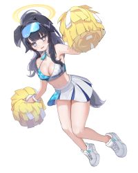Rule 34 | 1girl, absurdres, animal ears, armpits, bare legs, bare shoulders, black hair, blue archive, blue eyes, breasts, cheerleader, cleavage, crop top, dog ears, dog girl, dog tail, full body, goggles, goggles on head, halterneck, hibiki (blue archive), hibiki (cheer squad) (blue archive), highres, holding, holding pom poms, long hair, looking at viewer, medium breasts, midriff, millennium cheerleader outfit (blue archive), miniskirt, navel, open mouth, pleated skirt, pom pom (cheerleading), pom poms, ponytail, shirt, shoes, skirt, sleeveless, sleeveless shirt, sneakers, solo, stomach, suisen (suisenhwa), tail, thighs, white footwear, white skirt, wing collar, wristband