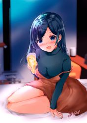 Rule 34 | 1girl, absurdres, bed, blue eyes, blue hair, brown dress, commentary request, dress, drunk, glass, green sweater, highres, hokuna rin, kantai collection, long hair, looking at viewer, official alternate costume, one-hour drawing challenge, signature, sitting, solo, souryuu (kancolle), strap slip, sweater, yokozuwari