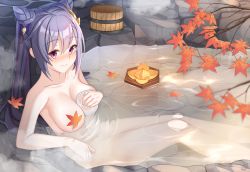 Rule 34 | 1girl, autumn leaves, blush, breasts, buckle, completely nude, cone hair bun, covering privates, covering nipples, covering one breast, dong ja9502, double bun, genshin impact, hair bun, keqing (genshin impact), large breasts, leaf, lying, nude, onsen, partially submerged, purple eyes, smile, solo, twintails, water, wet