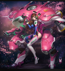 Rule 34 | 1girl, alpaca sama, animal print, arm cannon, armor, artist name, between legs, bodysuit, boots, bracer, breasts, brown eyes, brown hair, character name, charm (object), cherry blossoms, clothes writing, copyright name, d.va (overwatch), emblem, facepaint, facial mark, gatling gun, gloves, gun, hand between legs, hand up, handgun, headphones, highres, holding, holding gun, holding weapon, letterboxed, lips, lipstick, logo, long hair, long sleeves, makeup, mecha, medium breasts, meka (overwatch), overwatch, overwatch 1, parted lips, pauldrons, petals, pilot suit, rabbit print, red lips, ribbed bodysuit, robot, shoulder armor, shoulder pads, sitting, skin tight, smile, solo, thigh boots, thigh strap, thighhighs, thrusters, turtleneck, weapon, whisker markings, white footwear, white gloves, white thighhighs, xiao baijiang