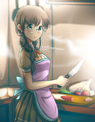 Rule 34 | 1girl, absurdres, apron, artist name, blurry, blurry background, braid, brown hair, brown shirt, brown skirt, carrot, cooking, cutting board, dated, day, glasses, highres, holding, holding knife, indoors, kitchen, knife, long hair, looking at viewer, original, scrophopper, shirt, short sleeves, skirt, tomato, watermark