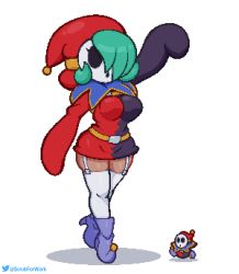 Rule 34 | 1girl, aqua hair, belt, boots, garter straps, groove guy, high heel boots, high heels, highres, long sleeves, mario (series), mask, nintendo, paper mario, paper mario 64, shy gal, skirt, solo, somescrub, thighhighs, white background, wide sleeves