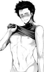 Rule 34 | 1boy, abs, ace of diamond, blush, funkasiahq, looking at viewer, male focus, monochrome, muscular, naughty face, nipples, pectorals, sanada shunpei, simple background, solo, undressing