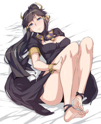 Rule 34 | 1girl, anklet, armlet, bare legs, barefoot, blue eyes, blush, breasts, brown hair, cleavage, dress, egyptian, eyeshadow, feet, hair tubes, hairband, jewelry, kurowa, legs, long hair, lying, makeup, naughty face, nephthys (p&amp;d), on back, ponytail, puzzle &amp; dragons, smell, smile, soles, solo, steam, sweat, toes