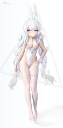 Rule 34 | 1girl, ahoge, animal ears, azur lane, blue eyes, braid, breasts, choker, closed mouth, fake animal ears, fuenyuan, full body, hand on own hip, high heels, highleg, highleg leotard, highres, le malin (azur lane), le malin (listless lapin) (azur lane), leotard, long hair, looking at viewer, o-ring, o-ring choker, official alternate costume, pantyhose, playboy bunny, rabbit ears, small breasts, smile, solo, standing, thigh strap, thighs, twin braids, very long hair, white background, white choker, white footwear, white hair, white leotard, white pantyhose, wrist cuffs