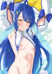 Rule 34 | 1girl, absurdres, ahoge, amamiya kokoro, armpits, arms up, bad id, bad pixiv id, blue hair, blunt bangs, breasts, collar, commentary, cowboy shot, detached collar, detached sleeves, english commentary, hair ornament, highres, long hair, looking at viewer, navel, nijisanji, nipples, nude, open mouth, redwinead, small breasts, solo, virtual youtuber, water drop, white collar, white sleeves, wide sleeves, x hair ornament, yellow eyes