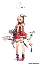 Rule 34 | 1girl, animal hood, ankle boots, arrow (projectile), bare shoulders, boots, bow (weapon), breasts, character name, detached sleeves, dress, email address, frilled skirt, frilled sleeves, frills, full body, hair between eyes, hand up, high heel boots, high heels, highres, holding, holding bow (weapon), holding weapon, hood, bridal garter, legs apart, looking at viewer, midriff, mulalang, navel, original, pointy ears, purple footwear, quiver, simple background, skirt, solo, standing, strapless, strapless dress, tassel, weapon, white background, wide sleeves, yellow eyes