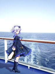 Rule 34 | 1girl, absurdres, anchor symbol, arms behind back, blue eyes, boots, commentary request, full body, hat, highres, huge filesize, lolita fashion, looking at viewer, neet cangshu, ocean, photo background, purple hair, sigsbee (warship girls r), sky, smile, solo, standing, stuffed toy, warship girls r, water