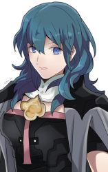 Rule 34 | 1girl, armor, blue eyes, blue hair, breasts, byleth (female) (fire emblem), byleth (fire emblem), cape, fire emblem, fire emblem: three houses, long hair, looking at viewer, nintendo, rem (eyes 410), short hair, simple background, solo, white background