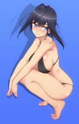 Rule 34 | 1girl, absurdres, bare arms, bare legs, bare shoulders, barefoot, bikini, black bikini, black hair, blue background, blue eyes, blush, bow, bow earrings, breasts, commentary, earrings, english commentary, feet, highres, hololive, hololive english, jewelry, large breasts, looking at viewer, medium hair, mixed-language commentary, ouro kronii, p-nekoe, simple background, smile, solo, squatting, swimsuit, tiptoes, virtual youtuber