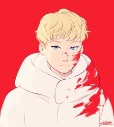Rule 34 | alexgvart, asuka ryou, blonde hair, blood, blood on face, blue eyes, devilman, devilman crybaby, highres, male focus, red background, shirt, white shirt