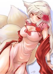 Rule 34 | 10s, 1girl, 2015, albino, animal ears, blush, breasts, chengshu, china dress, chinese clothes, cleavage, cleavage cutout, clothing cutout, covered erect nipples, dated, dress, flower, flower knight girl, fox ears, fox tail, hair flower, hair ornament, hand on own hip, higanbana (flower knight girl), kitsune, kyuubi, long hair, looking at viewer, multiple tails, name connection, object namesake, pink dress, red eyes, sash, side slit, signature, smile, solo, spider lily, spider lily (flower knight girl), tail, white background, white hair
