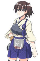 Rule 34 | 10s, 1girl, archery, blush, brown eyes, brown hair, gloves, japanese clothes, kaga (kancolle), kantai collection, kyuudou, looking at viewer, mikagami sou, muneate, partially fingerless gloves, partly fingerless gloves, personification, short hair, side ponytail, single glove, sketch, skirt, solo, thighhighs, yugake