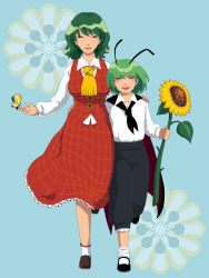 Rule 34 | 2girls, :d, anna (or), anna (pixiv), antennae, arm around shoulder, arm around waist, ascot, bad id, bad pixiv id, blue background, bug, butterfly, cape, closed eyes, female focus, flower, green hair, happy, insect, kazami yuuka, mary janes, multiple girls, open mouth, plaid, plaid skirt, plaid vest, shoes, short hair, skirt, skirt set, smile, socks, sunflower, touhou, vest, wriggle nightbug