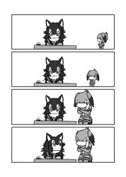 Rule 34 | 10s, 2girls, 4koma, animal ears, bird tail, comic, desk, elbow gloves, eye contact, fur collar, gloves, grey wolf (kemono friends), greyscale, hair wings, head wings, heterochromia, highres, ink, jacket, kemono friends, kotobuki (tiny life), long hair, looking at another, monochrome, multicolored hair, multiple girls, necktie, pantyhose, quill, shoebill (kemono friends), short sleeves, shorts, side ponytail, simple background, sitting, smile, standing, tail, white background, wings, wolf ears