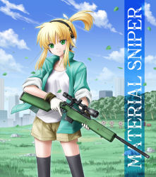 Rule 34 | 1girl, barrel, black thighhighs, blonde hair, bolt action, building, cloud, commentary, day, drum (container), ear protection, eichikei (hakuto), gloves, green eyes, gun, hair ribbon, headphones, iris (material sniper), jacket, material sniper, ponytail, ribbon, rifle, scope, shorts, sleeves rolled up, sniper rifle, solo, target, thighhighs, trigger discipline, weapon, zettai ryouiki
