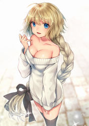 Rule 34 | 1girl, ahoge, awata mokane, bare shoulders, black ribbon, black thighhighs, blonde hair, blue eyes, braid, breasts, cleavage, collarbone, fate/grand order, fate (series), hair ribbon, jeanne d&#039;arc (fate), jeanne d&#039;arc (ruler) (fate), large breasts, long hair, long sleeves, looking at viewer, naked sweater, off-shoulder, off-shoulder sweater, off shoulder, open mouth, ribbon, single braid, smile, solo, sparkle, standing, sweater, thighhighs, thighs, white sweater