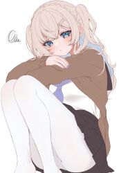 Rule 34 | 1girl, absurdres, black skirt, blonde hair, blue eyes, blue nails, blue neckerchief, blush, brown cardigan, cardigan, chitose (chi candy), closed mouth, hair ornament, hairclip, highres, long hair, long sleeves, looking at viewer, neckerchief, open cardigan, open clothes, original, pantyhose, pleated skirt, shirt, simple background, sitting, skirt, solo, squiggle, two side up, unfinished, white background, white pantyhose, white shirt