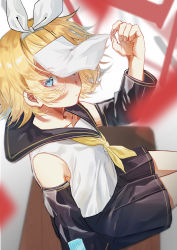 Rule 34 | 1girl, absurdres, bare shoulders, blonde hair, blurry, blurry foreground, bow, collarbone, colored eyelashes, covering face, depth of field, desk, detached sleeves, hair bow, highres, kagamine rin, looking at viewer, lost one no goukoku (vocaloid), on desk, paper, pleated skirt, sailor collar, satou (user hgzc3532), school desk, short hair, sitting, on desk, skirt, sleeveless, solo, vocaloid