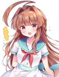 Rule 34 | 1girl, :d, adapted costume, ahoge, aqua sailor collar, arm behind back, arms behind back, bad id, bad pixiv id, blush, braid, brown eyes, brown hair, commentary request, dress, fang, green sailor collar, hair intakes, heart, highres, huge ahoge, kantai collection, kuma (kancolle), long hair, looking at viewer, masayo (gin no ame), neckerchief, open mouth, pleated dress, red eyes, red neckerchief, revision, sailor collar, sailor dress, short sleeves, simple background, skin fang, smile, solo, translation request, white background, white dress
