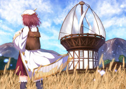 Rule 34 | 1girl, atelier (series), atelier lydie &amp; suelle, atelier sophie, backpack, bad id, bad pixiv id, bag, black socks, brown hair, building, cloud, coat, day, facing away, fence, field, frilled kneehighs, frills, from behind, half-timbered, head scarf, highres, holding strap, kneehighs, long sleeves, mountain, numpopo, open clothes, open coat, outdoors, red skirt, skirt, sky, socks, solo, sophie neuenmuller, standing, thighhighs, wheat, white coat, wide sleeves, windmill, window, wooden fence