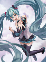 Rule 34 | 1girl, aqua hair, aqua nails, aqua necktie, bare shoulders, black footwear, black skirt, black sleeves, blue eyes, blurry, blurry background, blurry foreground, boots, collared shirt, commentary request, detached sleeves, floating hair, full body, grey shirt, hair ornament, hand up, hatsune miku, headset, highres, ishiyuki, light blush, long hair, looking at viewer, necktie, number tattoo, open mouth, outstretched hand, pleated skirt, shirt, shoulder tattoo, skirt, sleeveless, sleeveless shirt, smile, solo, tattoo, teeth, thigh boots, thighhighs, twintails, upper teeth only, very long hair, vocaloid, wide sleeves, zettai ryouiki