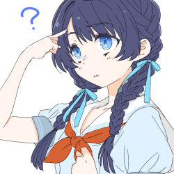 Rule 34 | 1girl, ?, alternate hairstyle, blue dress, blue eyes, blue hair, blue ribbon, braid, collarbone, commentary request, dark blue hair, dress, forehead, hair ribbon, hasu no sora school uniform, link! like! love live!, long hair, looking up, love live!, low twin braids, murano sayaka, neckerchief, parted lips, pointing, pointing at self, puffy short sleeves, puffy sleeves, red neckerchief, ribbon, sailor collar, sailor dress, school uniform, shinanoya (satanicad), short sleeves, simple background, solo, summer uniform, twin braids, upper body, virtual youtuber, white background, white sailor collar