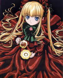 Rule 34 | 00s, 1girl, black background, blonde hair, blue eyes, bow, cup, dress, eyebrows, hair bow, long hair, looking at viewer, red dress, rozen maiden, saucer, seiza, shinku, sitting, solo, tea, teacup, twintails