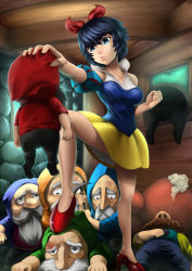Rule 34 | 1girl, 6+boys, black hair, blue eyes, bow, breasts, detached sleeves, disney, dress, dwarf, frown, hair bow, high heels, highres, indoors, multiple boys, original, otosama, puff and slash sleeves, puffy sleeves, short hair, snow white, snow white (disney), snow white and the seven dwarfs